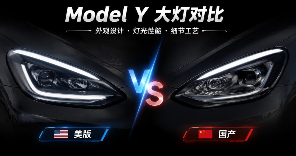 特斯拉 Model Y 美版与国产版大灯对比示意图：从法规反光片到矩阵透镜硬件差异